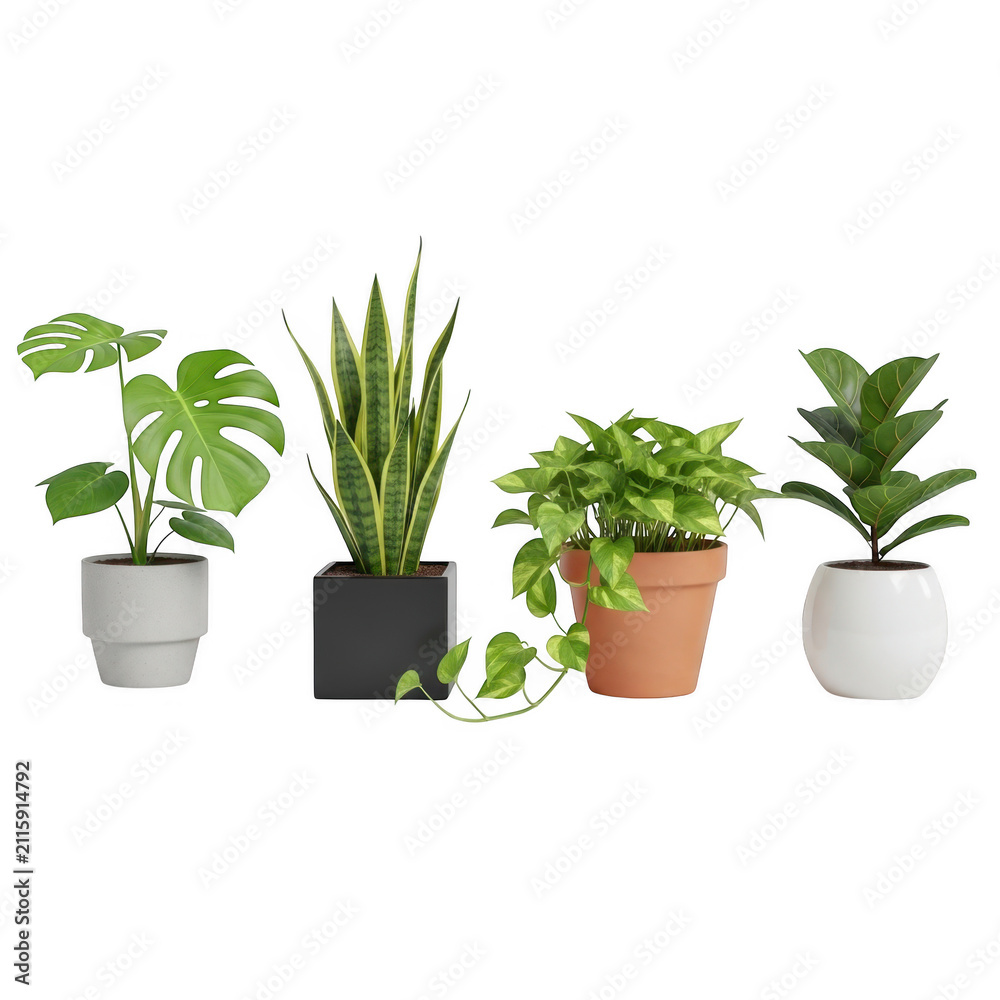 Fototapeta premium four diverse potted houseplants with lush green leaves isolated on transparent background