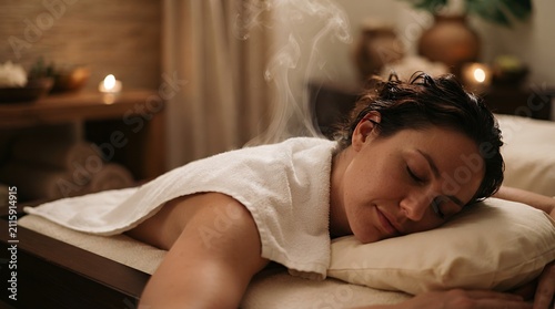 Woman enjoying steam towel treatment at luxury spa