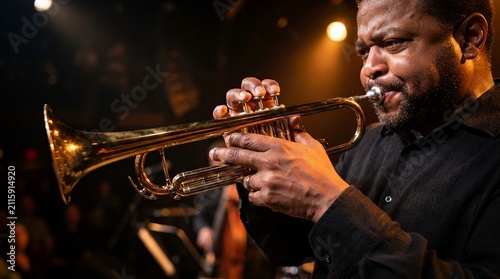 African American jazz musician playing trumpet on stage