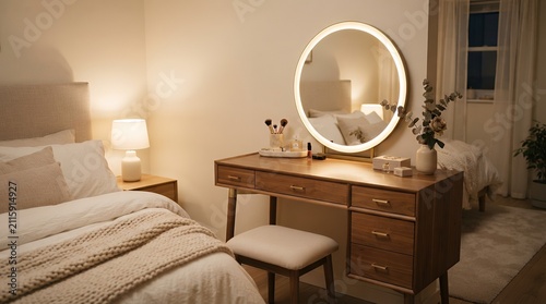 Modern Wooden Vanity Table with Round LED Mirror in Cozy Bedroom