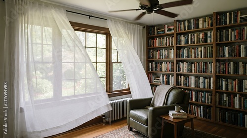 Cozy Home Library with Billowing Curtains and Bookshelf