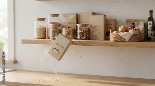Falling Quinoa Box Spilling Grains in Modern Kitchen Pantry