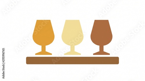 Whiskey tasting flight illustration, three amber and brown glasses on a wooden tray, a minimalist icon for beverage menus and distillery branding.