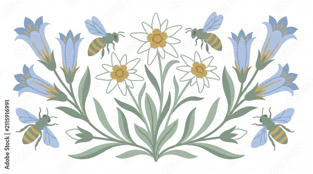 Fototapeta premium Art Nouveau inspired floral illustration, elegant bees and blue bellflowers, delicate botanical design, decorative nature motif for spring and summer projects.