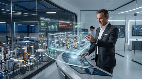 Businessman interacting with digital twin hologram of a smart factory for industrial production analysis