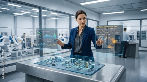 Professional woman using augmented reality interface for predictive maintenance in a modern smart factory