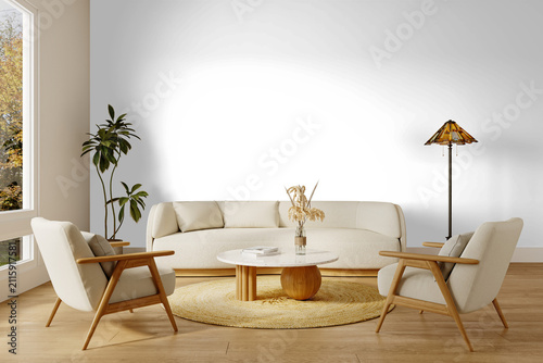 Warm Minimalist Living Room Wall Mockup PNG with Curved Sofa and Wooden Armchairs, Transparent Background, Soft Shadows