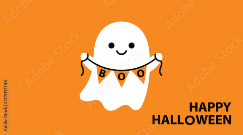 Quadro su tela Cute happy ghost holding a boo banner for halloween Vector