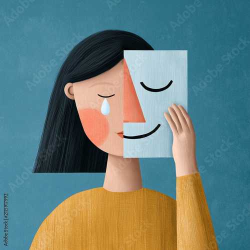 illustration of a woman wearing a smiling mask while hiding a crying face, symbolizing depression and emotional concealment. Ideal for web, flyer, blog, mental health, psychology, and awareness campai