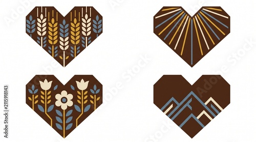 Geometric heart illustrations, a set of four stylized nature-inspired heart icons, perfect for rustic branding and romantic designs. Folk art hearts with wheat, sun rays, flowers, and mountains.