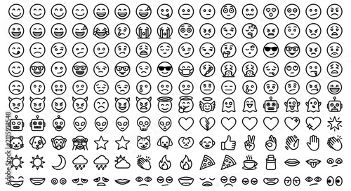 Minimalist line emoji icon set, black and white outline emoticons collection, simple vector smiley faces for social media and web design