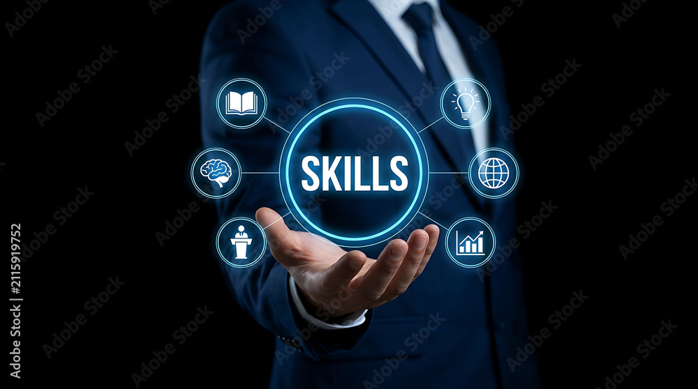 Fototapeta premium Businessman holding virtual skills icon with connected business icons