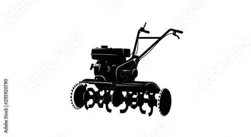 Obraz na płótnie Black silhouette of a garden tiller on white background with agriculture landsca
