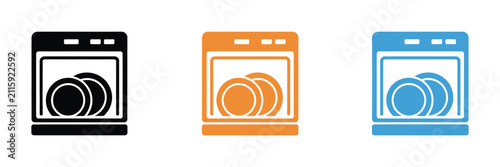 Dishwasher icons illustrating kitchen appliance, clean plate, dishwashing machine, home cleaning, kitchen equipment, and household appliance symbols in outline, solid, and flat vector styles for produ