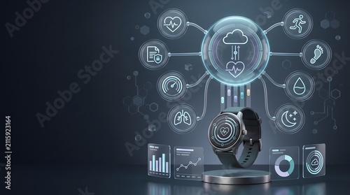Futuristic smartwatch wearable technology displaying digital health tracking dashboard and biometric medical data analytics
