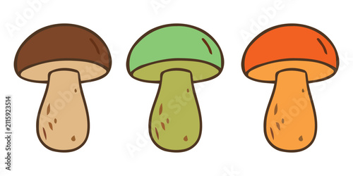 Cute set of three edible mushrooms in flat vector style