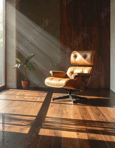 Sunbeams illuminate a leather armchair and potted plant on a polished wooden floor
