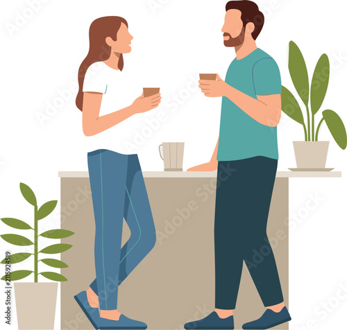 Young couple talking and drinking coffee in kitchen interior, flat vector illustration isolated on white background