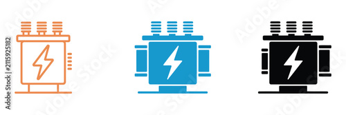 Electrical transformer and substation icons featuring power distribution equipment, utility infrastructure, high voltage transformer, energy transmission, electrical grid, and engineering symbols in o