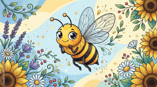 Cute cartoon bumblebee character flying in a summer floral garden with sunflowers, lavender, white daisies, and red berries on a pastel background with decorative swirls and stars.