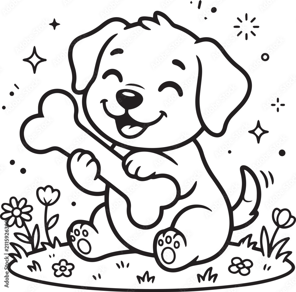 Obraz premium Cute Little Bunny Hugging Giant Carrot in Garden Flowers Coloring Page for Kids Vector