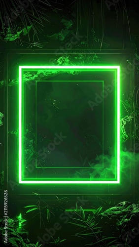 Neon green square frame glows amidst dark jungle foliage and mist