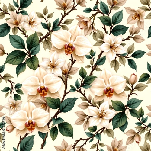 seamless antique botanical pattern featuring orchids, white lilies, jasmine blossoms and eucalyptus foliage, elegant copperplate botanical engraving style, antique ivory paper texture, muted emerald