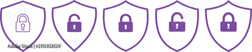 Set of purple shield icons with locked and unlocked padlocks for cybersecurity and data protection design elements isolated on white background