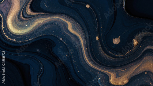 Viscous Midnight Blue and Metallic Gold Fluid Texture Background