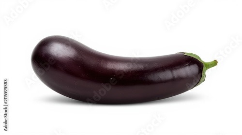 Fresh eggplant of elongated shape with smooth, glossy skin of deep dark purple color and green stem on a white background.