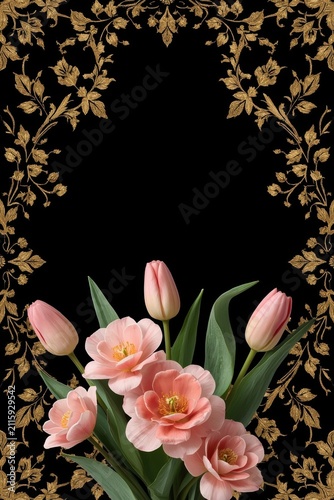 An elegant greeting card for International Women's Day with an exquisite bouquet of pink and burgundy tulips and white flowers on a deep black background with golden ornamentation.