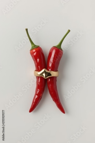 Two bright red chili peppers crossed in the shape of the letter 