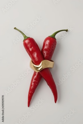 Two bright red chili peppers crossed in the shape of the letter 