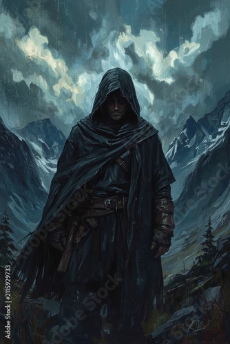 A dark, mysterious figure in a long, hooded cloak stands with a staff against the backdrop of harsh snowy mountains and a stormy sky.