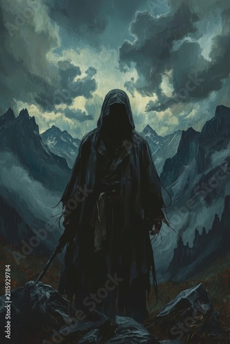 A dark, mysterious figure in a long, hooded cloak stands with a staff against the backdrop of harsh snowy mountains and a stormy sky.