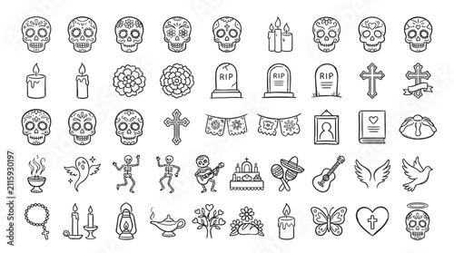 Bild auf Leinwand A collection of Dia de los Muertos icons, including sugar skulls, candles, gravestones, crosses, and marigolds, presented in a line art style