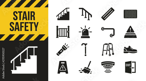 Comprehensive Set of Stairway Safety and Accessibility Equipment Icons for Building Maintenance and Hazard Prevention