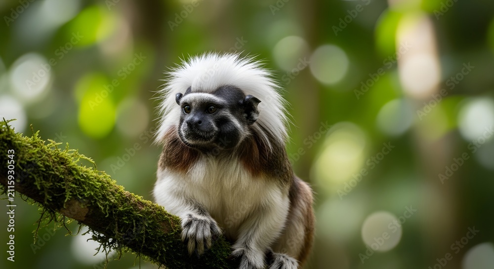 Fototapeta premium Cotton-top tamarin monkey perched on a mossy branch in lush green rainforest with soft bokeh background