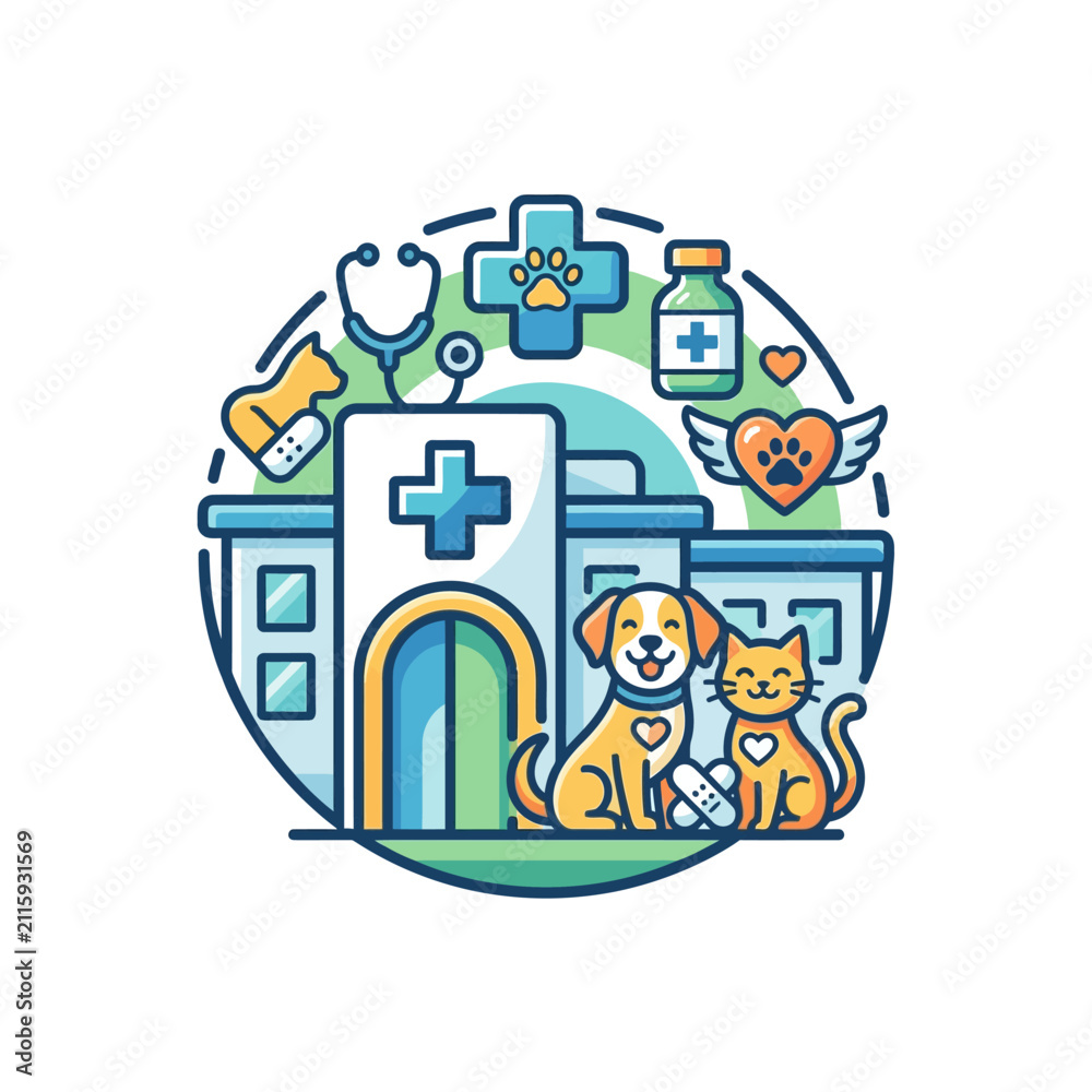 Naklejka premium Veterinary Clinic with Dog, Cat, Stethoscope, Medical Icons - Animal Care Concept