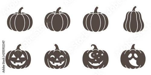 Set of eight different pumpkin and jack-o-lantern icons in flat monochrome style