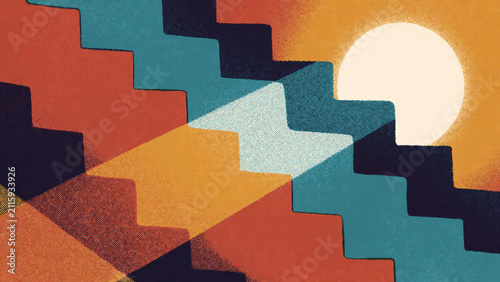 Risograph Graphic Illustration of Ascending Terraced Steps