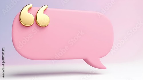 Soft pink three-dimensional speech bubble graphic featuring quotation marks on a white studio background