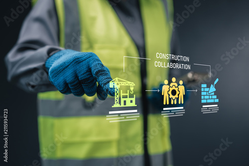 Construction collaboration concept engineer pointing linear workflow process crane building handshake partnership execution digital transformation project management B2B smart industry