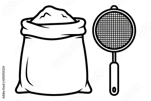 Fotografie Black and white silhouette of a bag of flour and a kitchen sifter for baking