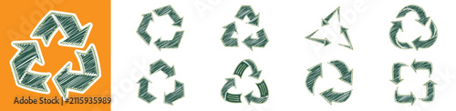 Hand Drawn Recycling Arrows Icons Set - Eco Sustainability Doodle Vector Collection
