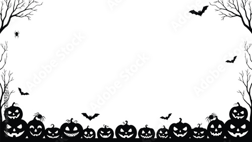 Fotografía Black silhouette halloween border with pumpkins bats and bare trees