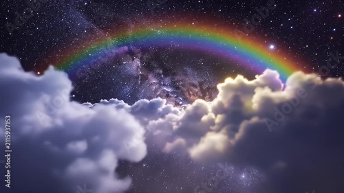 Spectacular Rainbow Arch Over Luminous Starry Night With Soft Fluffy Clouds