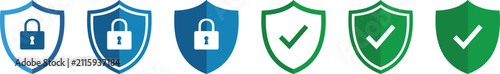 Set of blue and green shield icons with lock and check mark symbols for security and protection concepts
