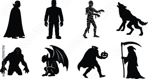 Fotografie Halloween monster silhouettes set including vampire mummy werewolf grim reaper a