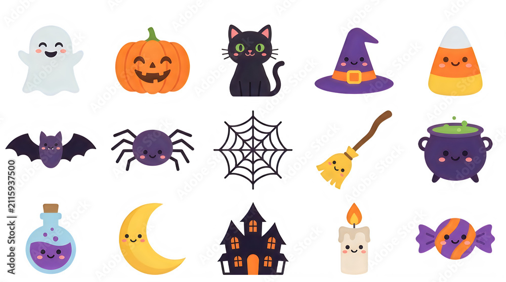 Obraz premium Set of cute pixel art icons for halloween with ghost pumpkin cat witch hat candy bat spider broom cauldron moon castle candle and potion